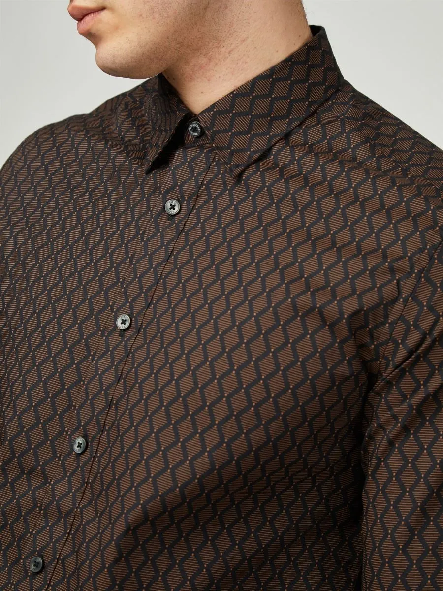 Ben Sherman Long Sleeve Linear Geo Print Shirt Black