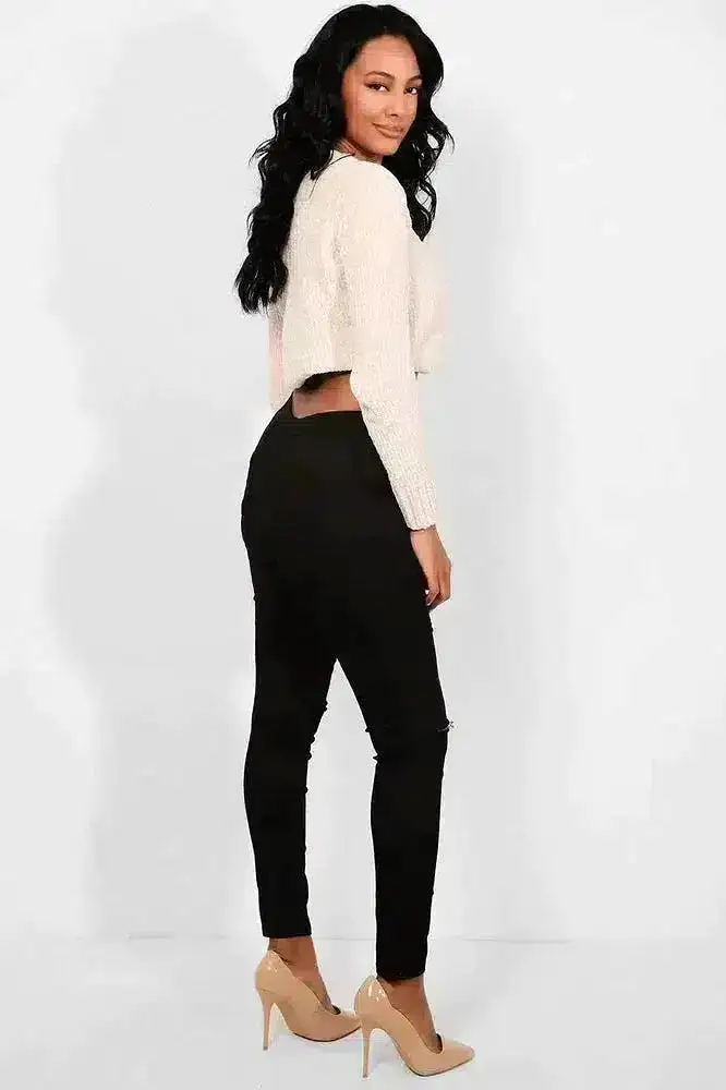 Black Slash Knee Plain Front High Waist Jeans