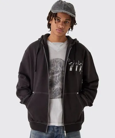 boohoo Mens Oversized 777 Embroidery Zip Through Hoodie