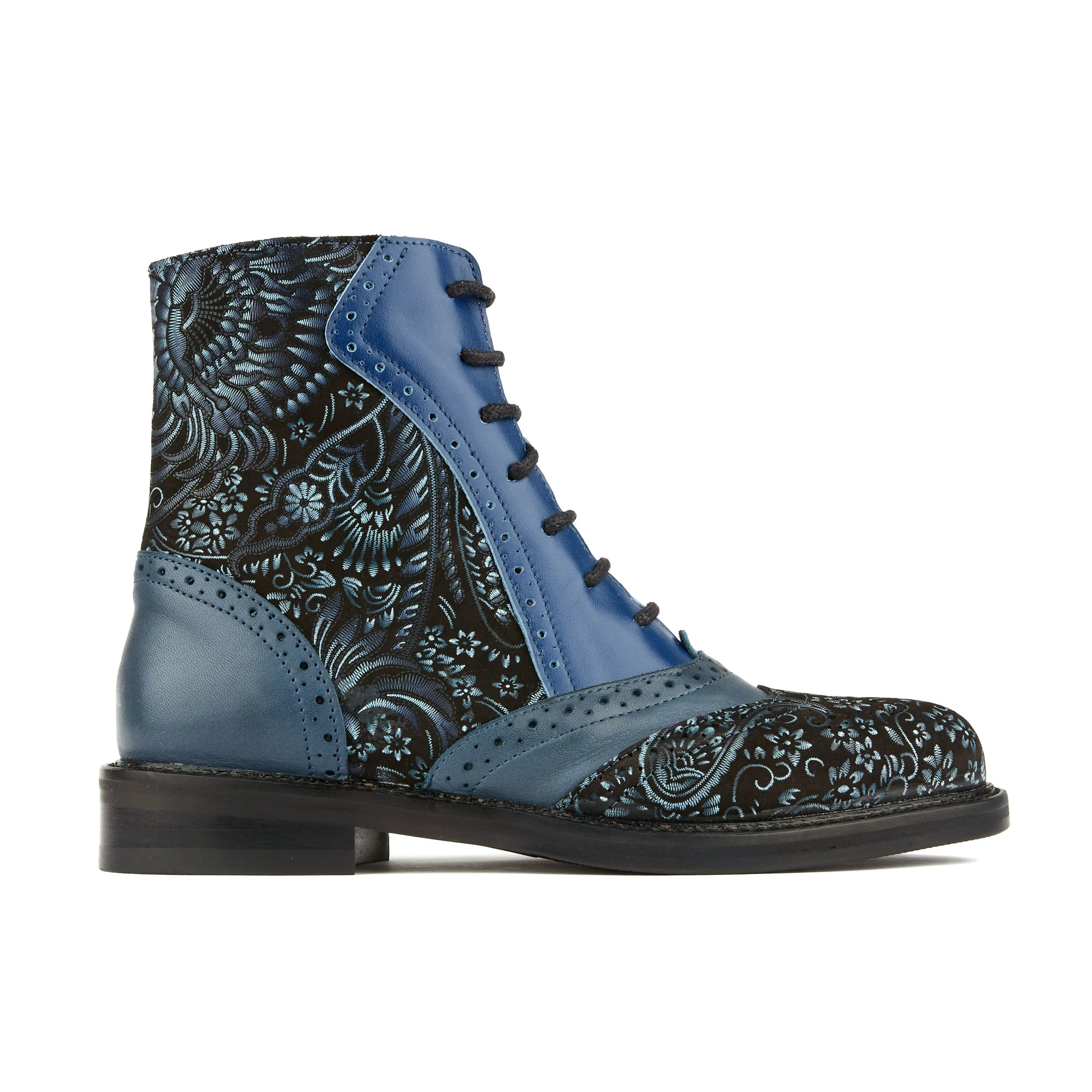 BRICK LANE BOOTS BLUE - Women's leather oxford higher ankle boot with brogue detail