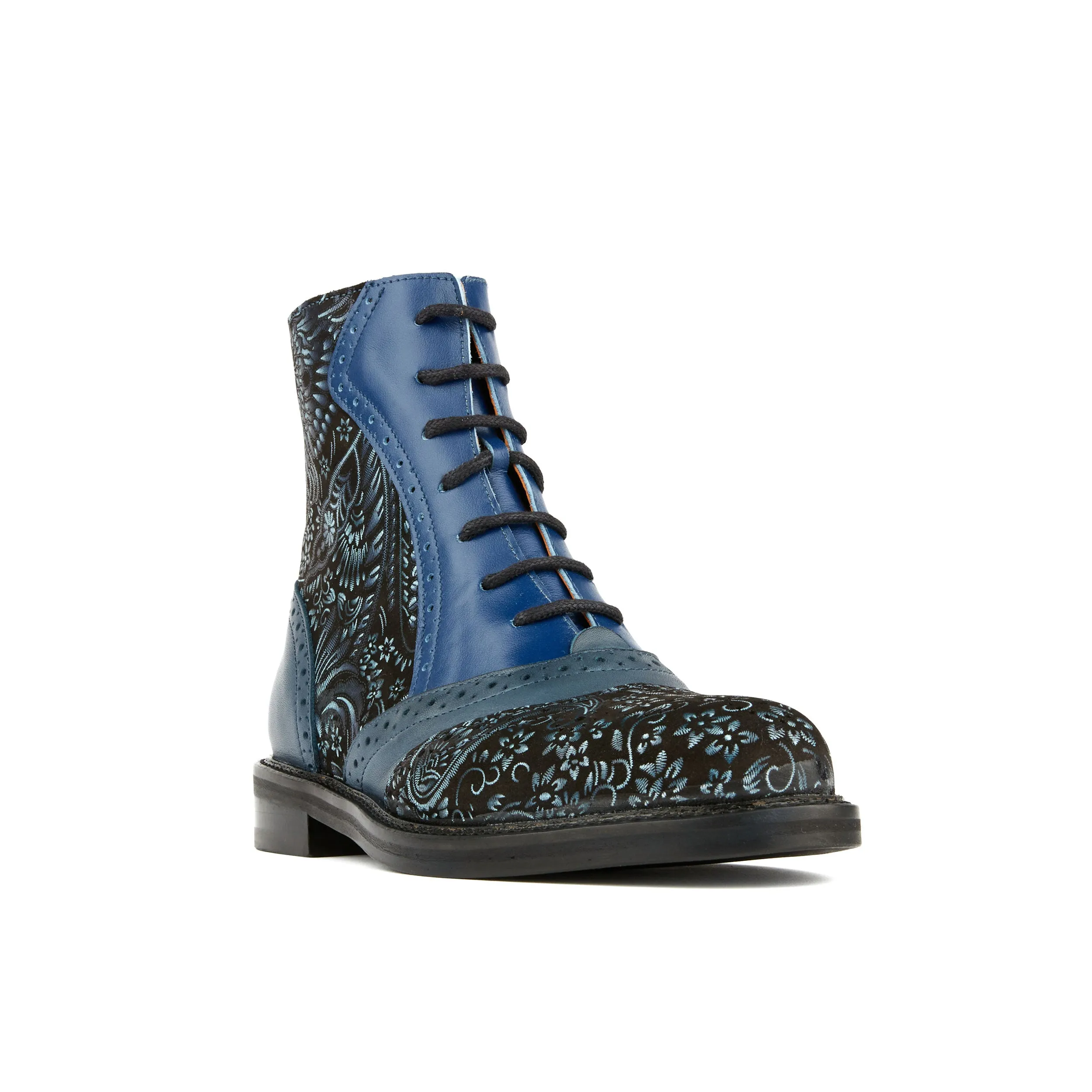 BRICK LANE BOOTS BLUE - Women's leather oxford higher ankle boot with brogue detail