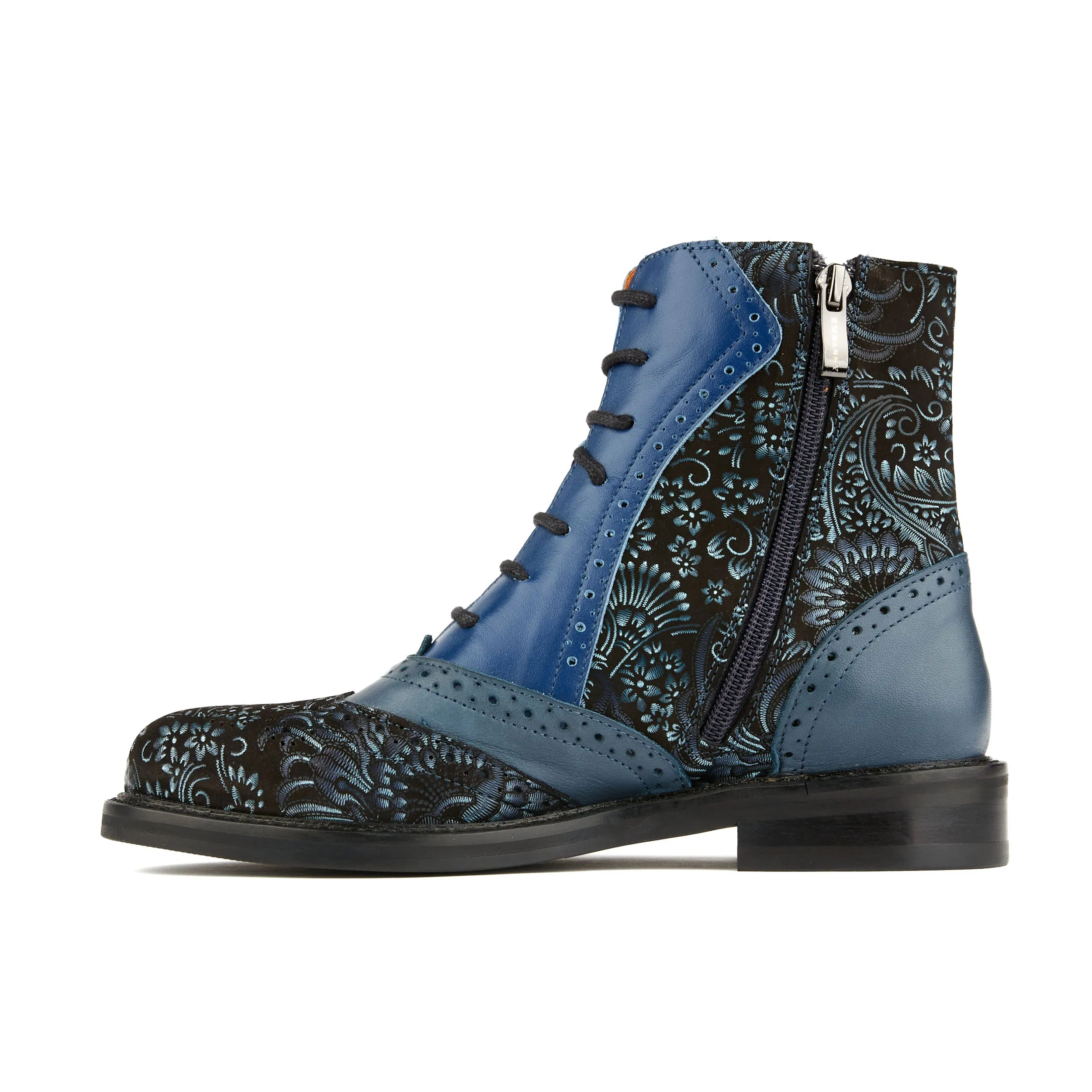 BRICK LANE BOOTS BLUE - Women's leather oxford higher ankle boot with brogue detail