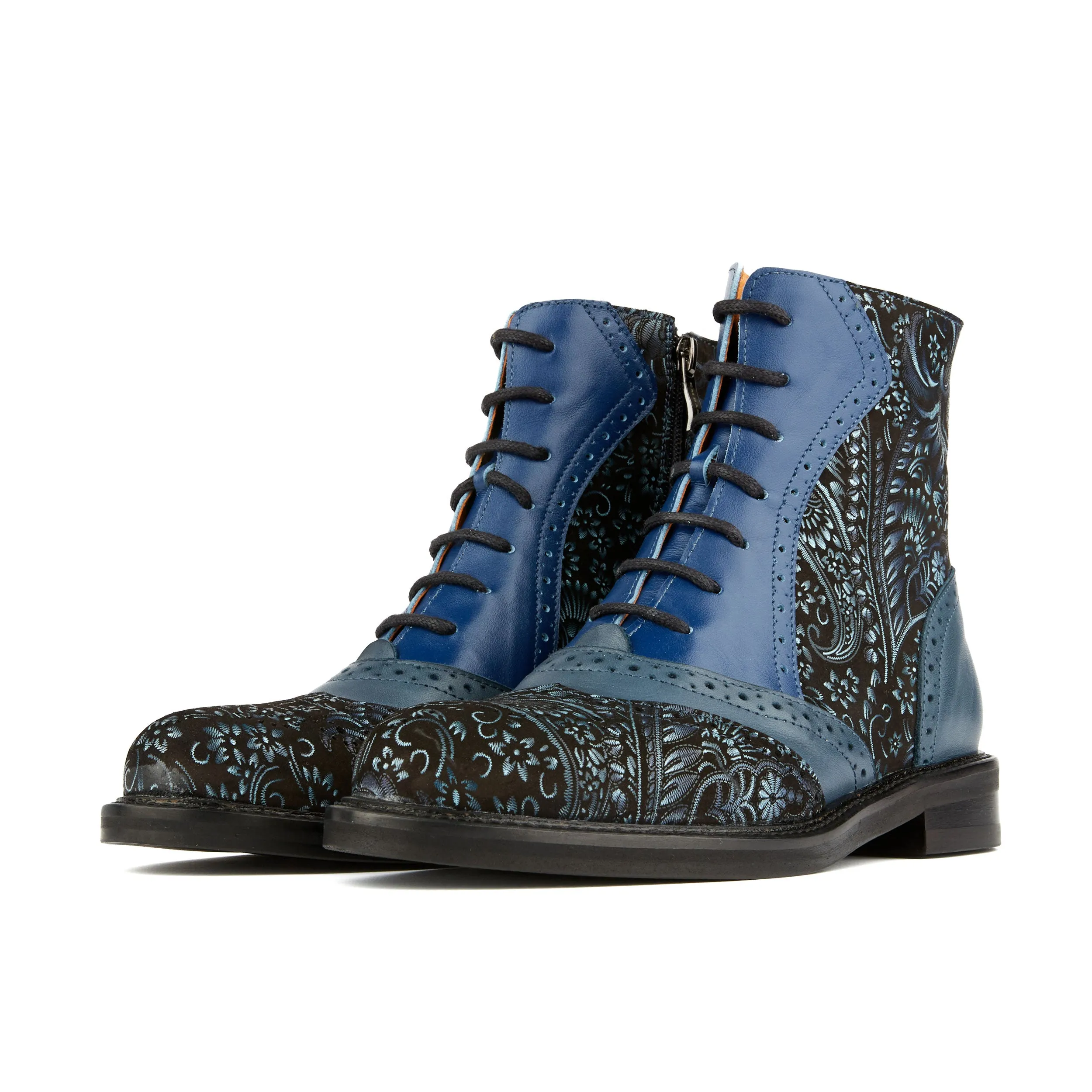 BRICK LANE BOOTS BLUE - Women's leather oxford higher ankle boot with brogue detail