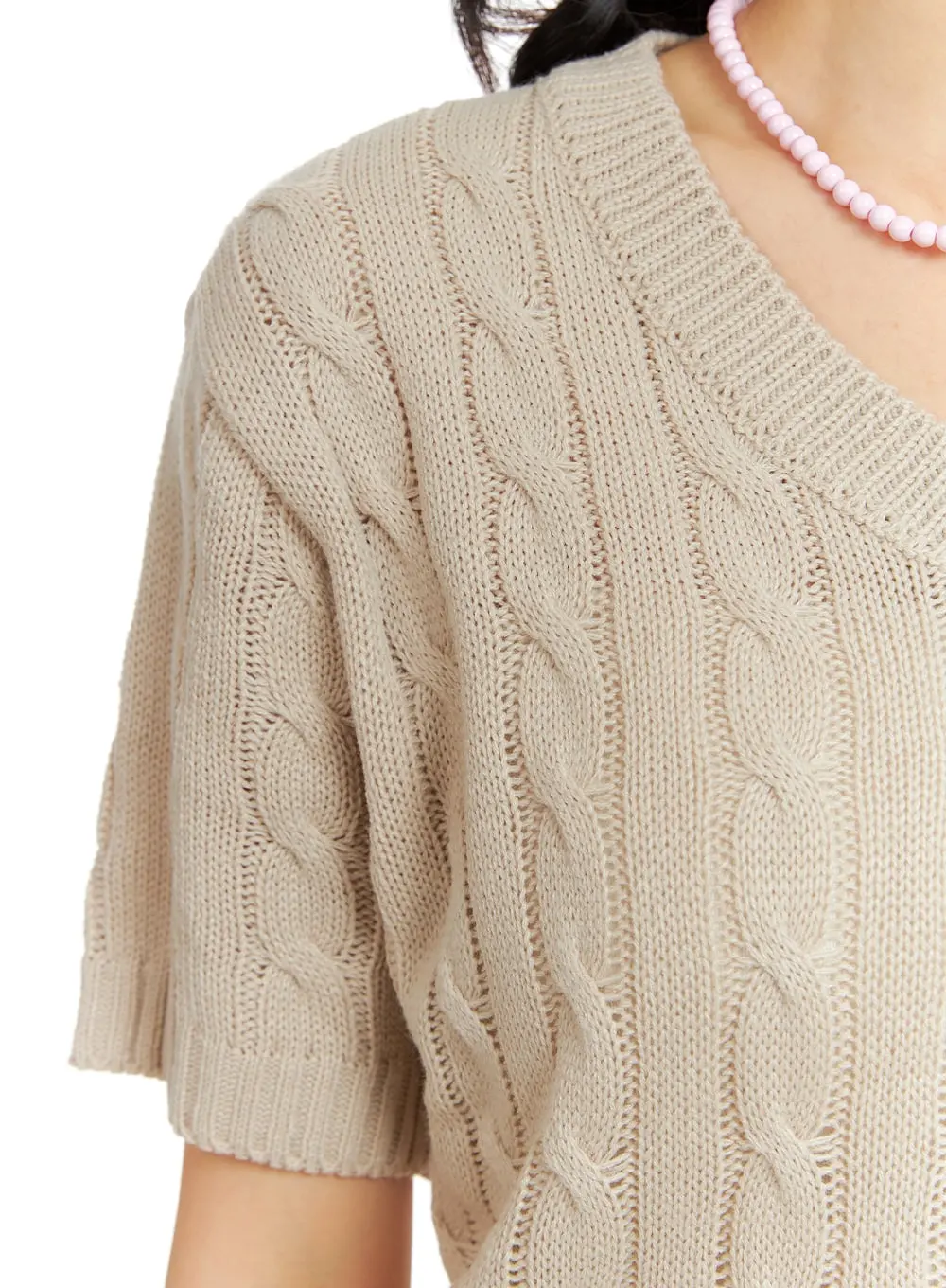 Cable Knit V-Neck Short Sleeve Sweater OM420