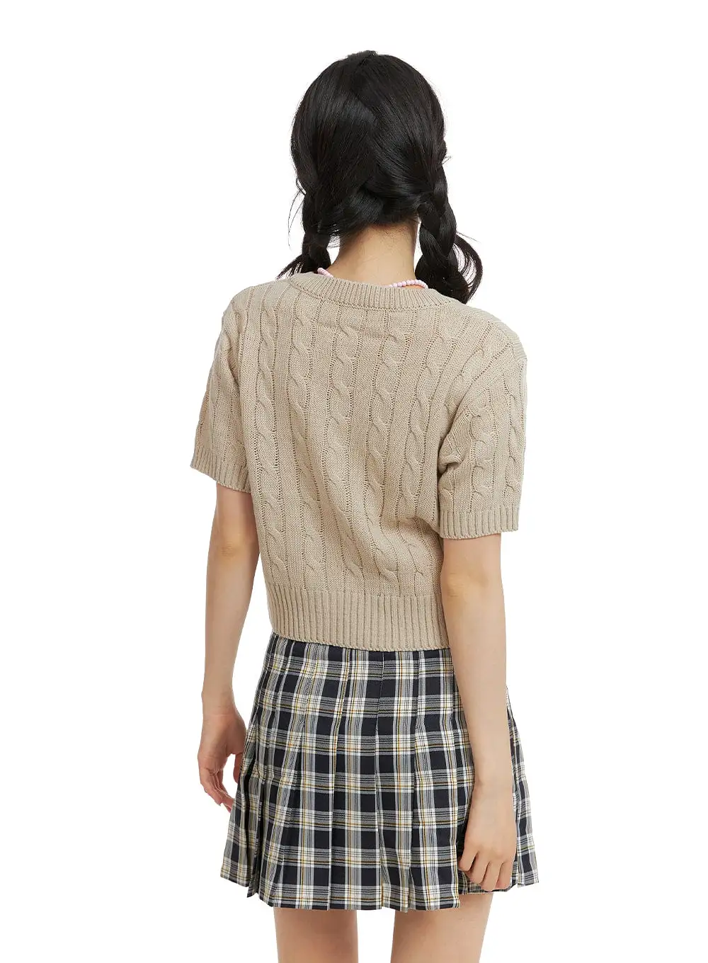 Cable Knit V-Neck Short Sleeve Sweater OM420