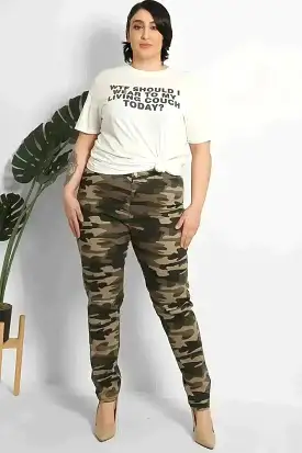 Camouflage Slash Knee Plain Front High Waist Jeans