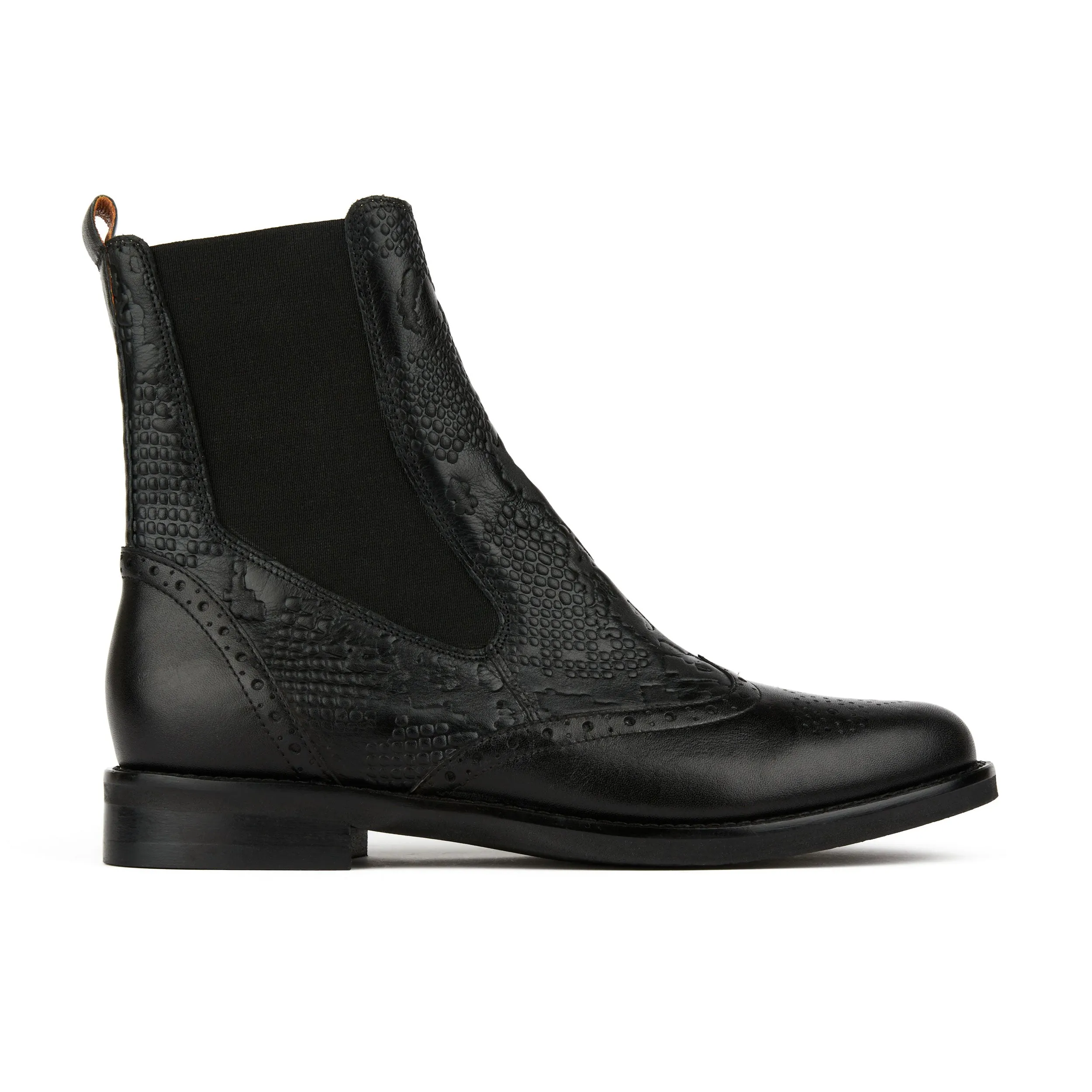 CATHERINE BLACK SNAKE - Women's leather higher chelsea boot with broguing in black