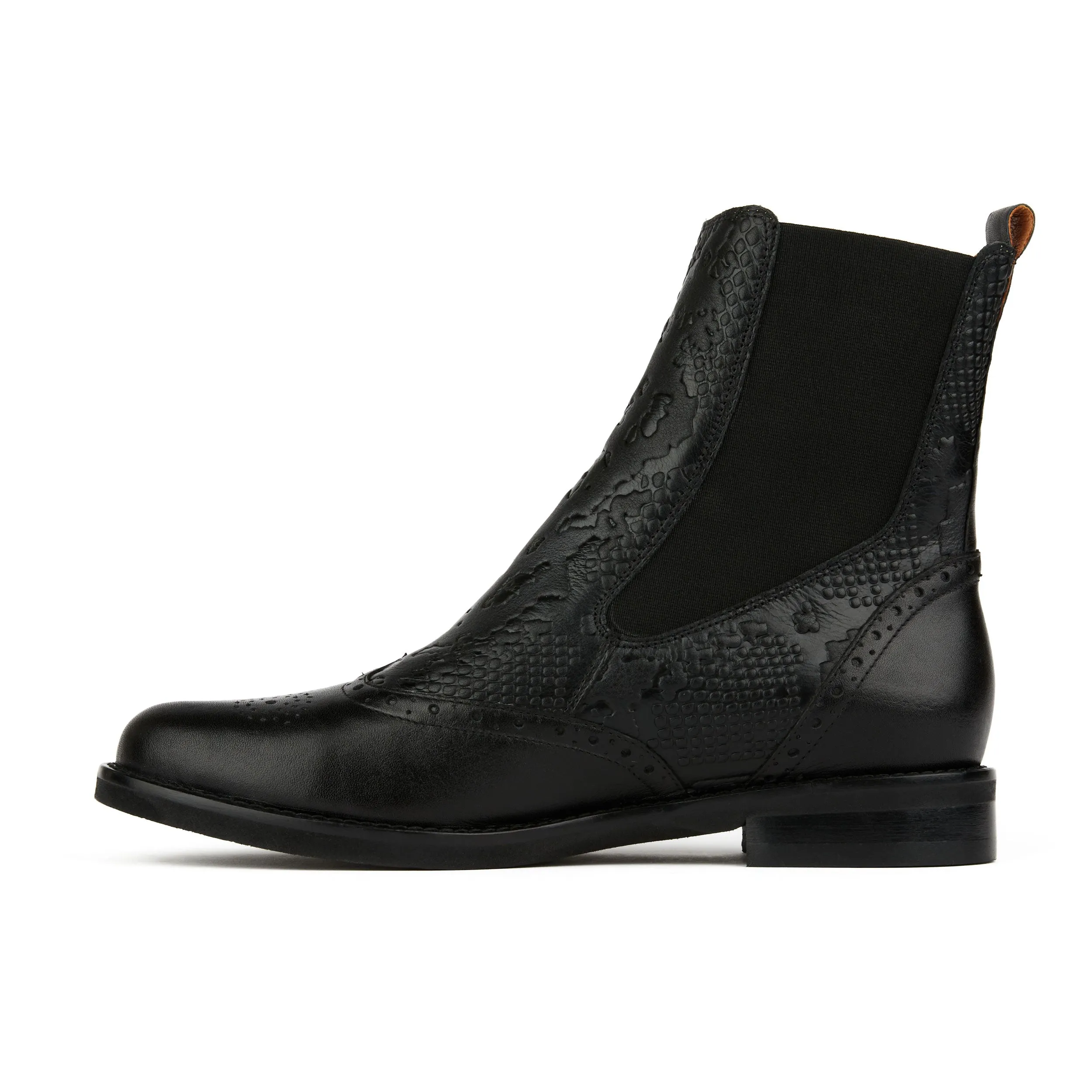 CATHERINE BLACK SNAKE - Women's leather higher chelsea boot with broguing in black