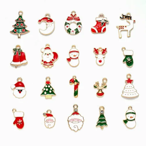 Charms, Christmas Theme, Assorted, Enameled, Gold Plated, Alloy, 17-29mm