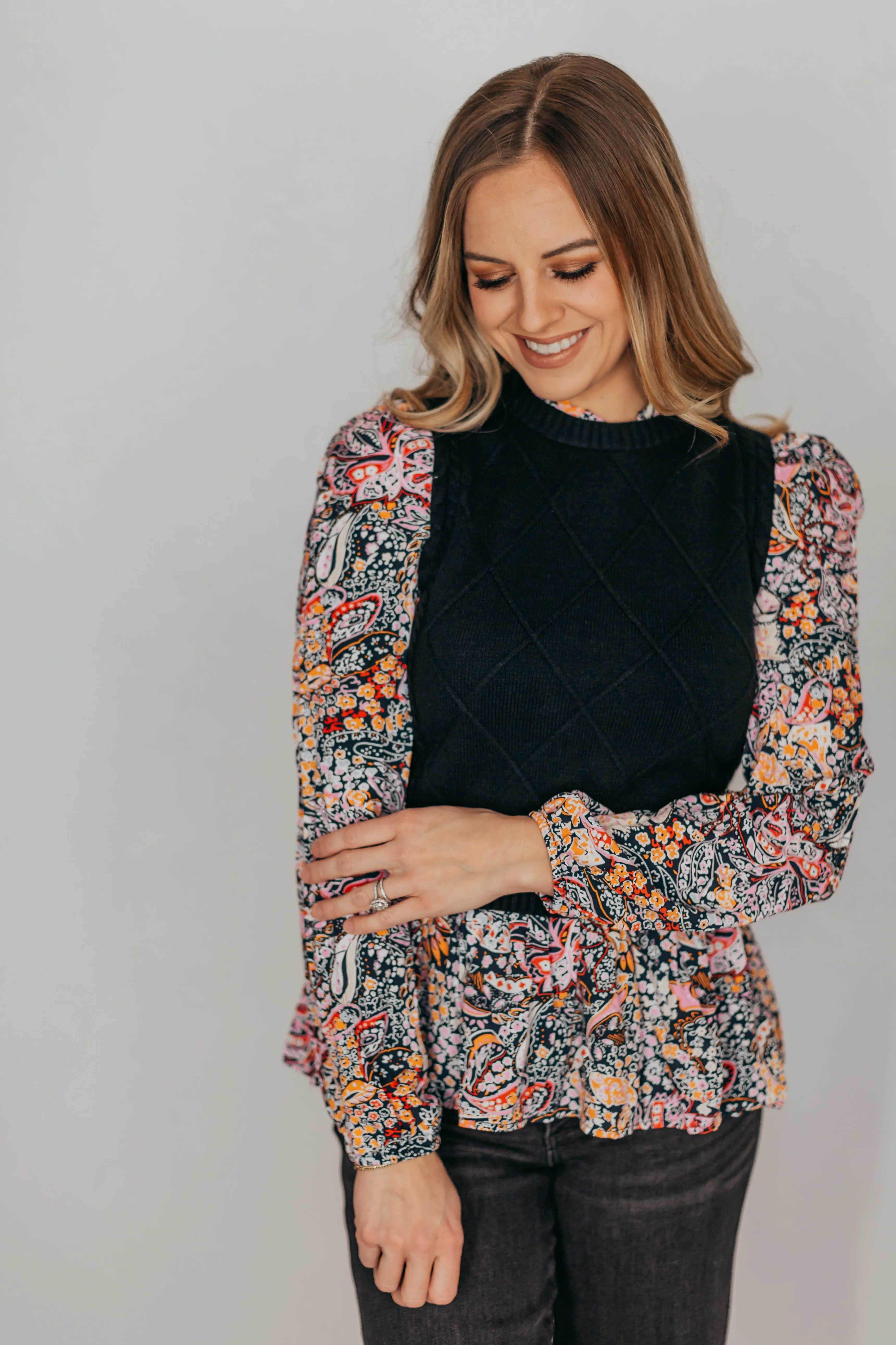 Contrast Floral Sleeve Peplum Sweater