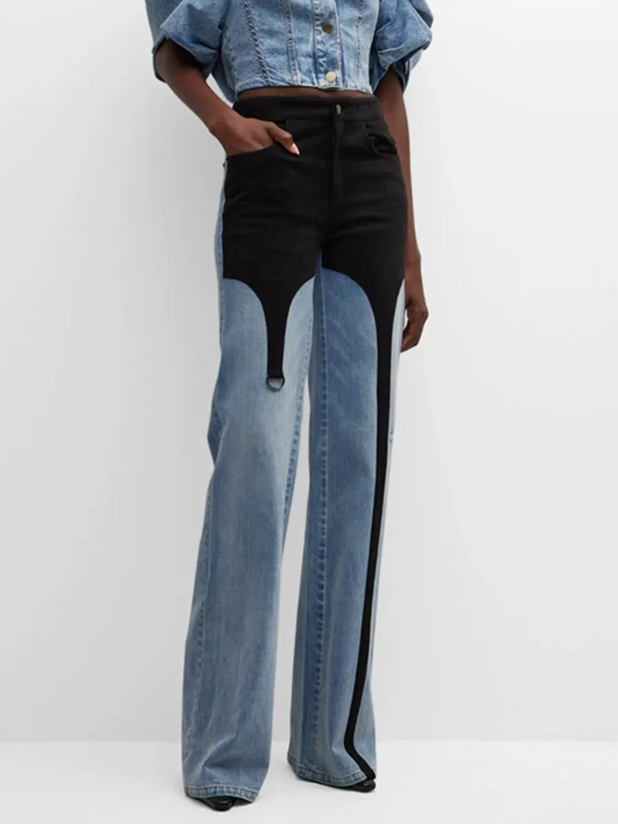 Contrast Straight  Tube High Waisted Jeans