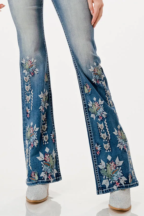 Floral Embroidery Printing  High Waist Flare