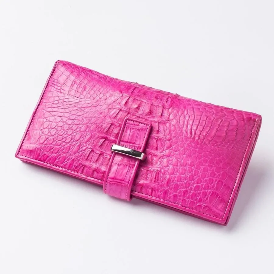 Genuine Rich Pink Crocodile Tail Skin Leather Long Ladies Wallet