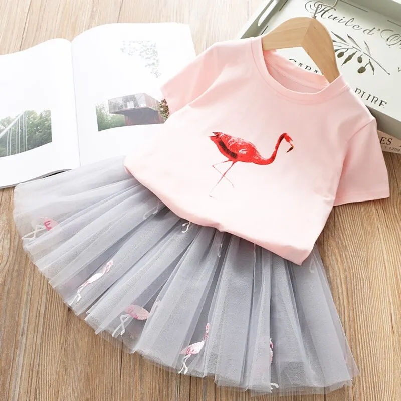 Girls Clothes Set Ruffles Solid Color T Shirt+Printed Striped Princess Tutu Skirt Kids Summer Sleeveless Cute Children Suits