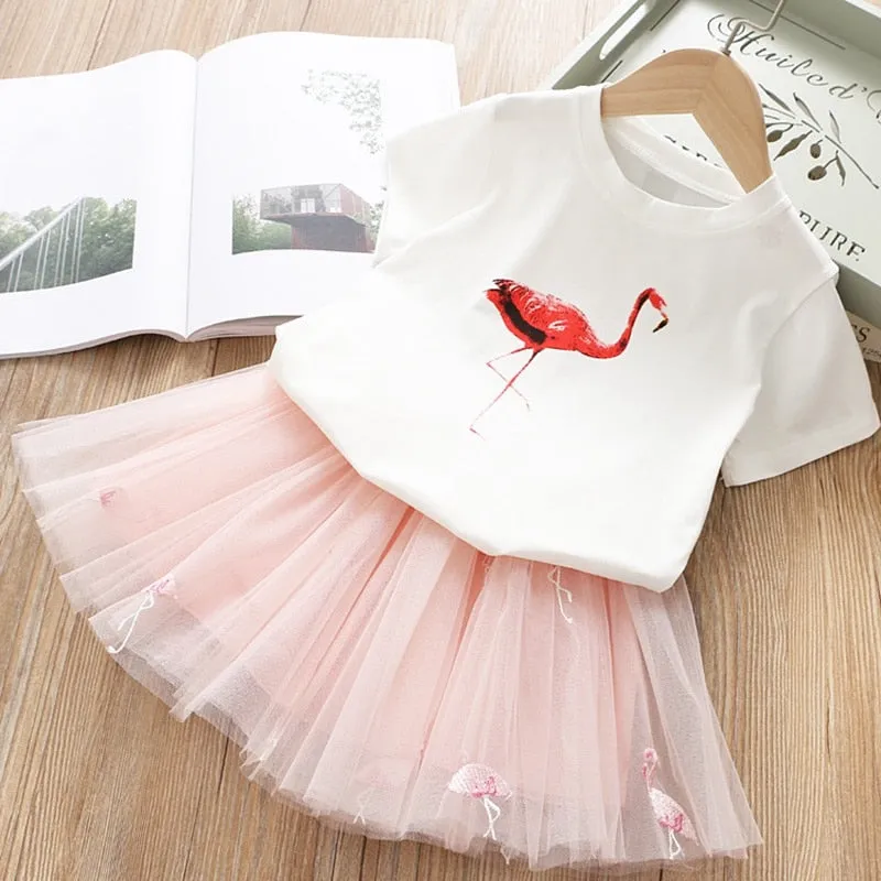 Girls Clothes Set Ruffles Solid Color T Shirt+Printed Striped Princess Tutu Skirt Kids Summer Sleeveless Cute Children Suits