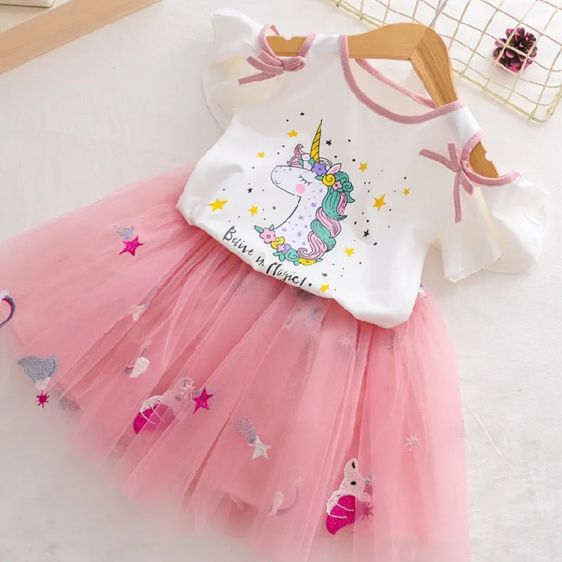 Girls Clothes Set Ruffles Solid Color T Shirt+Printed Striped Princess Tutu Skirt Kids Summer Sleeveless Cute Children Suits