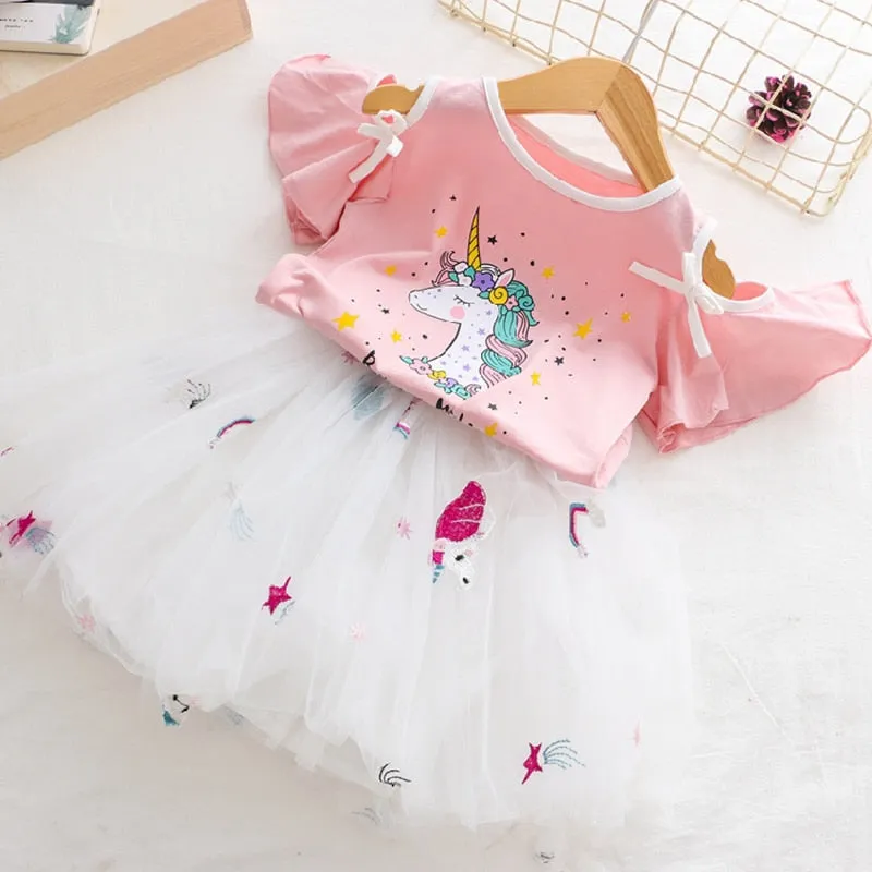 Girls Clothes Set Ruffles Solid Color T Shirt+Printed Striped Princess Tutu Skirt Kids Summer Sleeveless Cute Children Suits