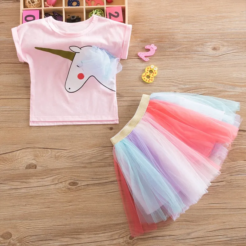 Girls Clothes Set Ruffles Solid Color T Shirt+Printed Striped Princess Tutu Skirt Kids Summer Sleeveless Cute Children Suits