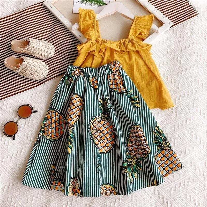 Girls Clothes Set Ruffles Solid Color T Shirt+Printed Striped Princess Tutu Skirt Kids Summer Sleeveless Cute Children Suits