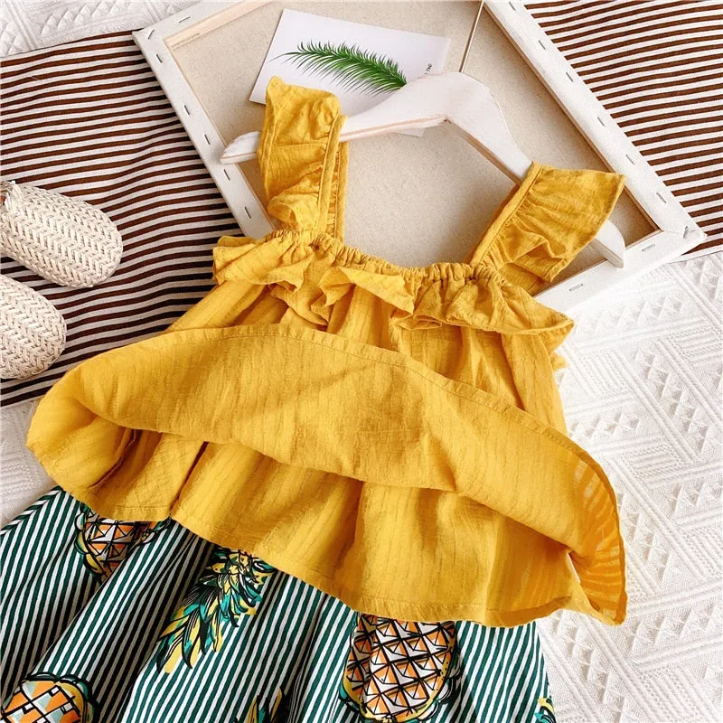 Girls Clothes Set Ruffles Solid Color T Shirt+Printed Striped Princess Tutu Skirt Kids Summer Sleeveless Cute Children Suits