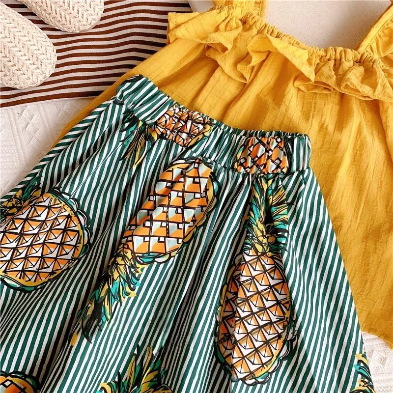 Girls Clothes Set Ruffles Solid Color T Shirt+Printed Striped Princess Tutu Skirt Kids Summer Sleeveless Cute Children Suits