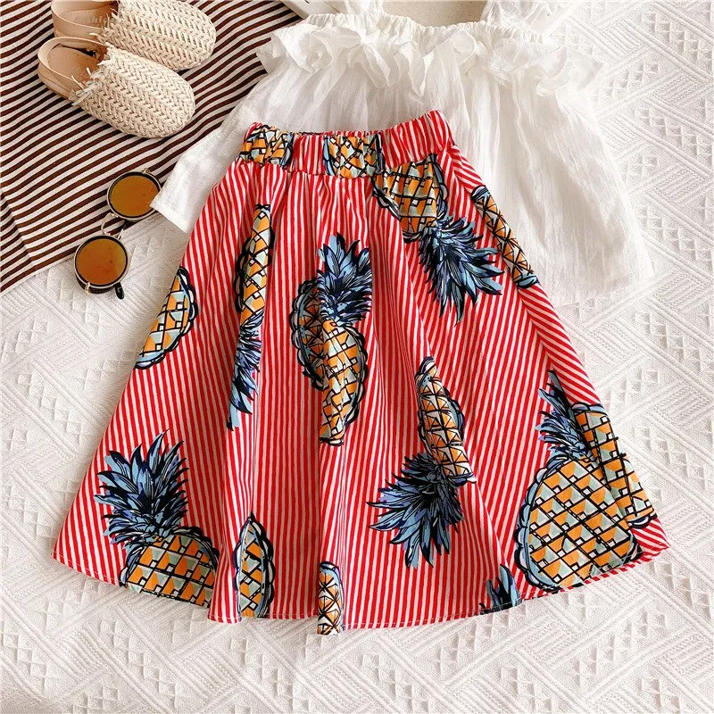 Girls Clothes Set Ruffles Solid Color T Shirt+Printed Striped Princess Tutu Skirt Kids Summer Sleeveless Cute Children Suits