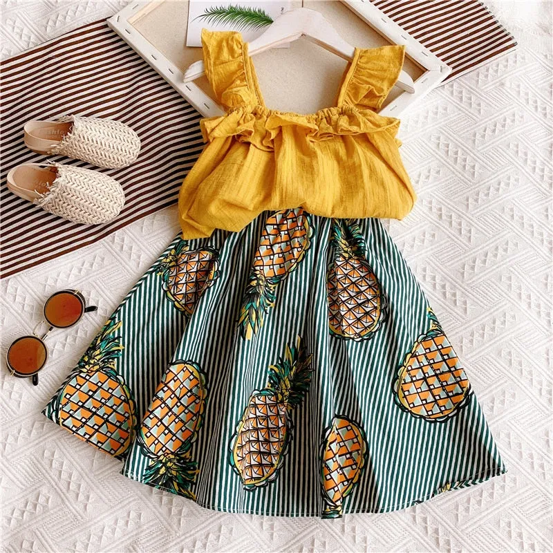 Girls Clothes Set Ruffles Solid Color T Shirt+Printed Striped Princess Tutu Skirt Kids Summer Sleeveless Cute Children Suits