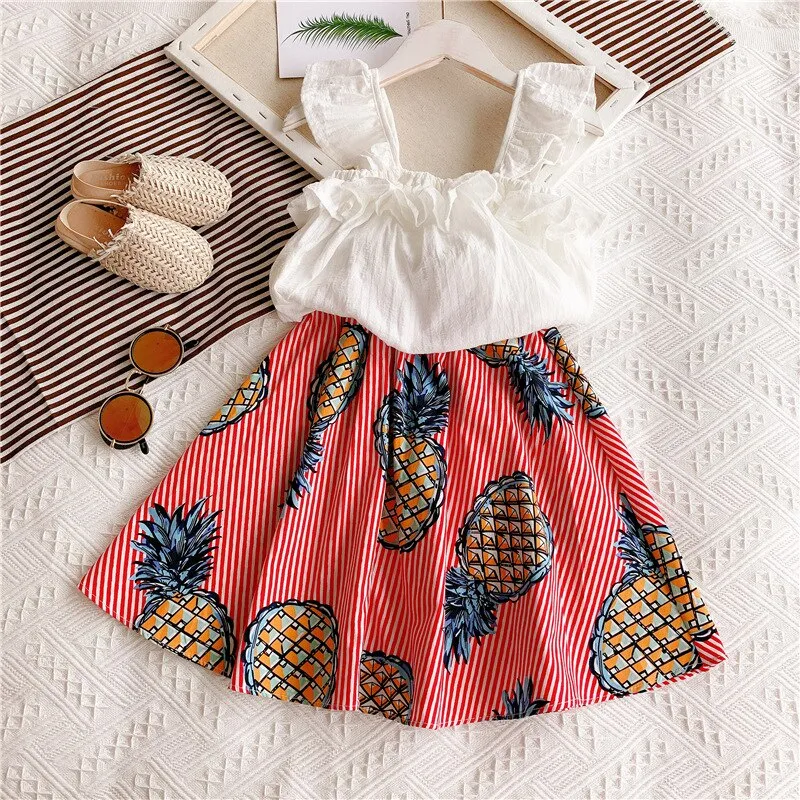 Girls Clothes Set Ruffles Solid Color T Shirt+Printed Striped Princess Tutu Skirt Kids Summer Sleeveless Cute Children Suits