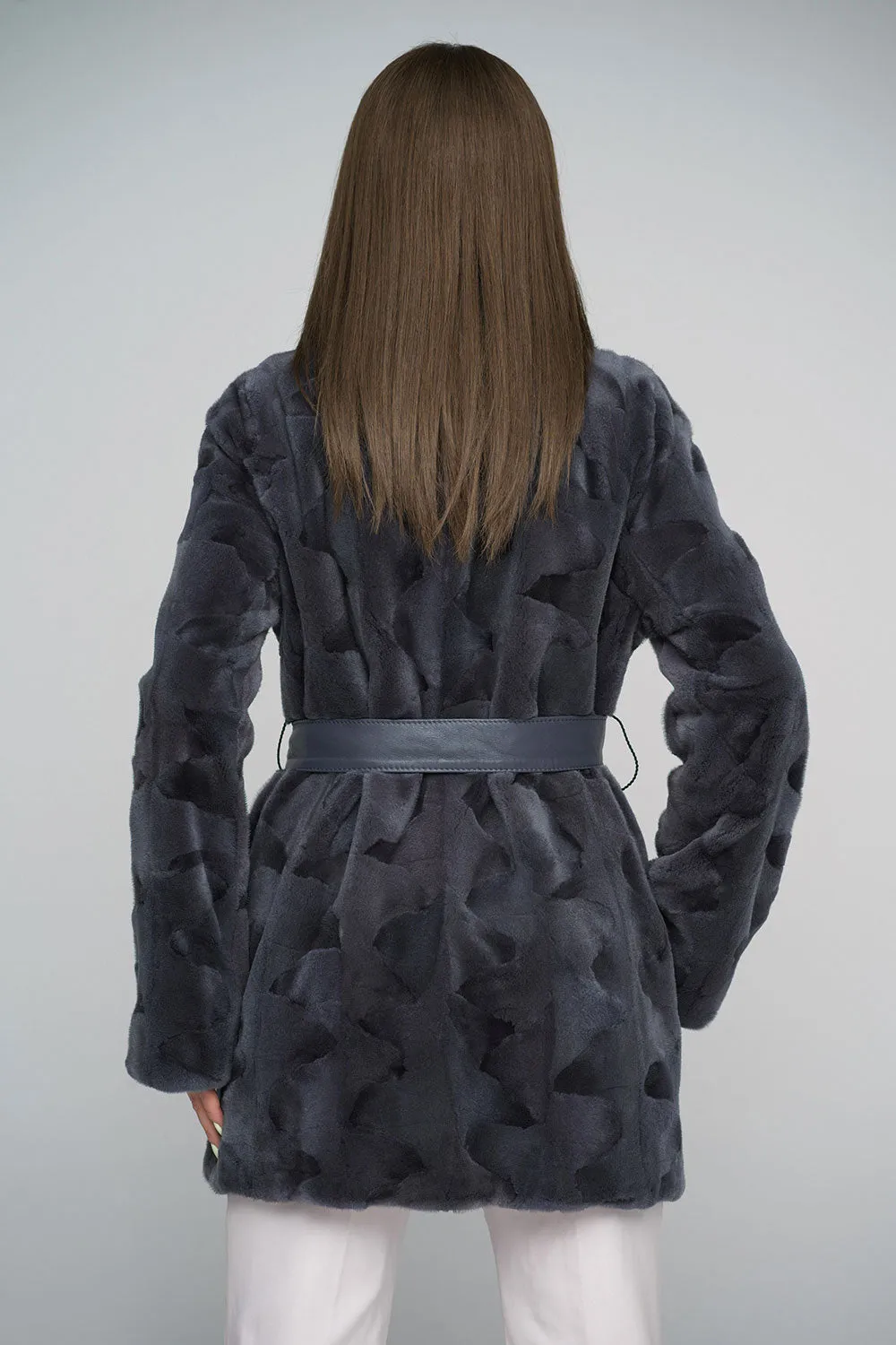 Gray Genuine Mink Fur Midi Coat