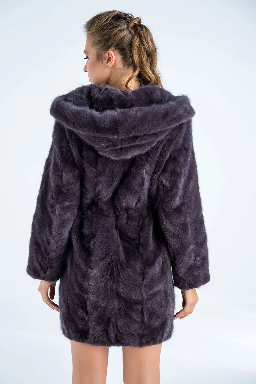 Gray Natural Hooded Mink Fur Coat