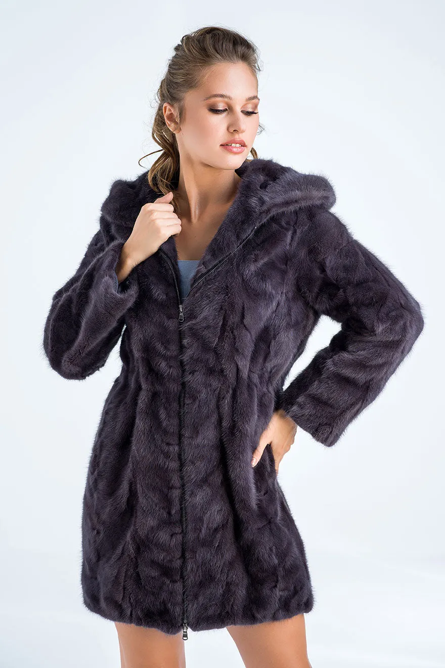 Gray Natural Hooded Mink Fur Coat