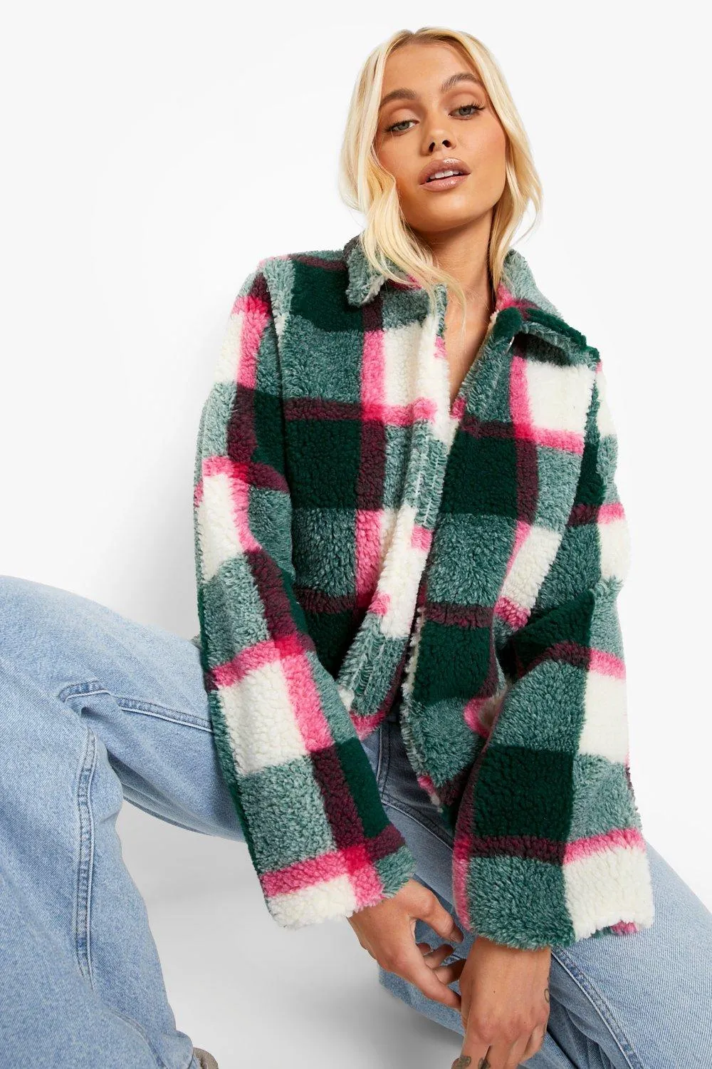 Green Check Teddy Fur Coat