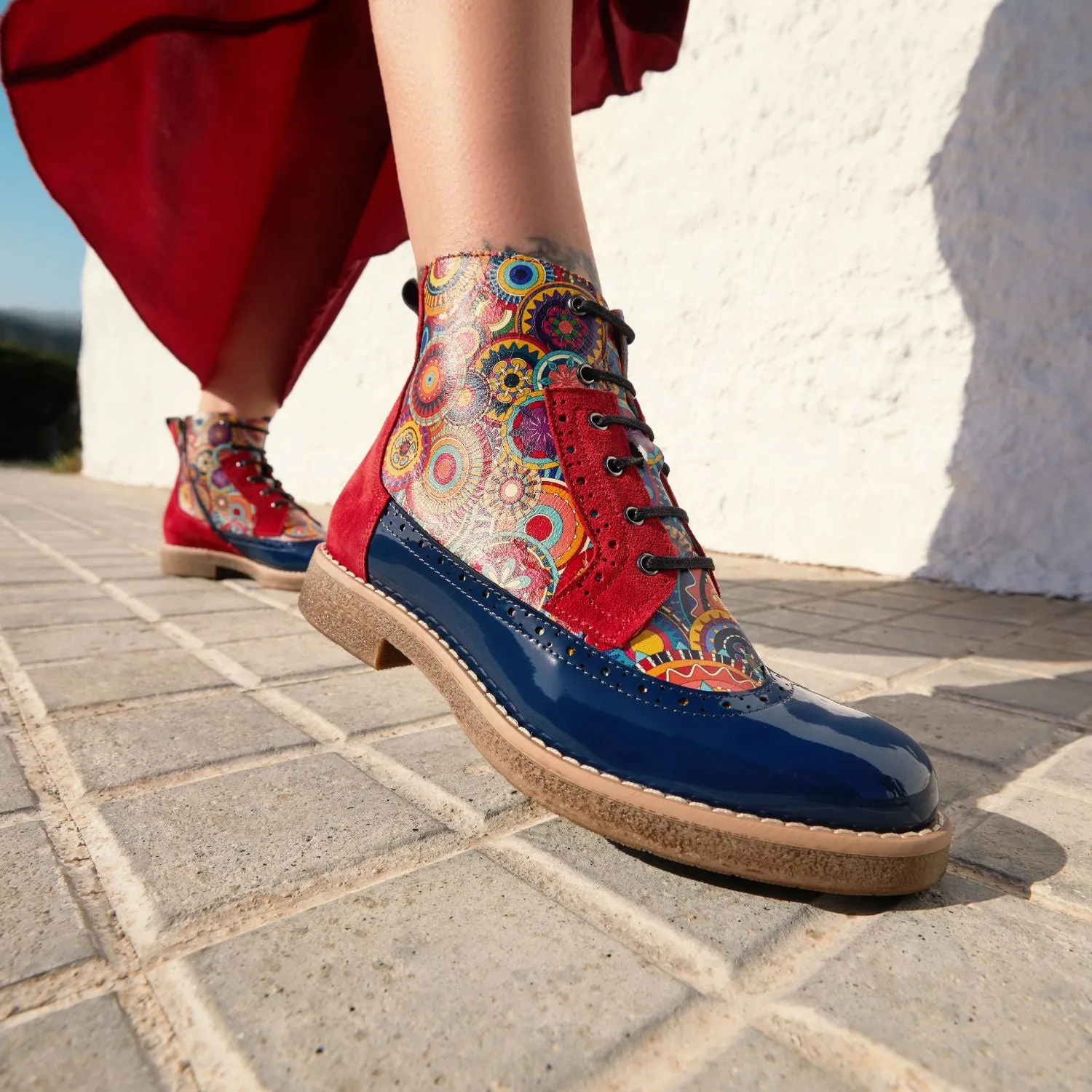 HATTER RED NAVY - Women's leather ankle boot with laces and zip