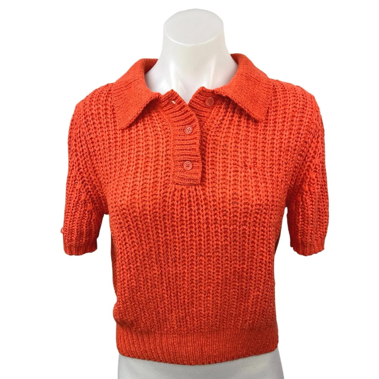 ILLA ILLA Women's Orange Chunky Knit Button collar Crop Polo Sweater Top Size S