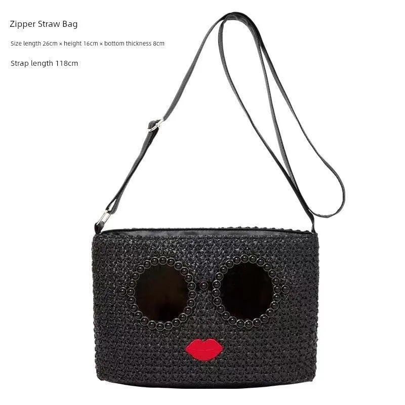 Japanese Cartoon Embroidery Pearl Grass Woven Bag