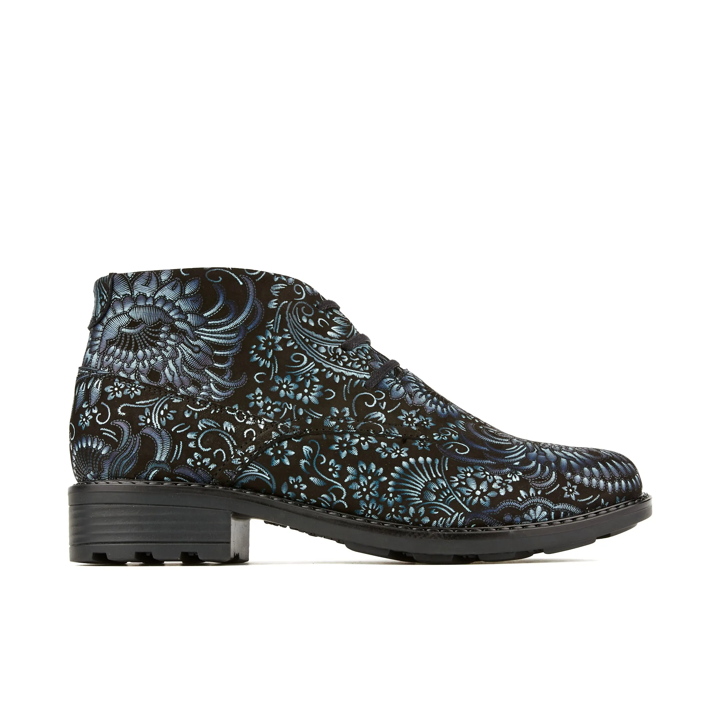 LAVIVA BLACK & FLORAL - Women's round toe wide fitted ankle boot In nubuck leather