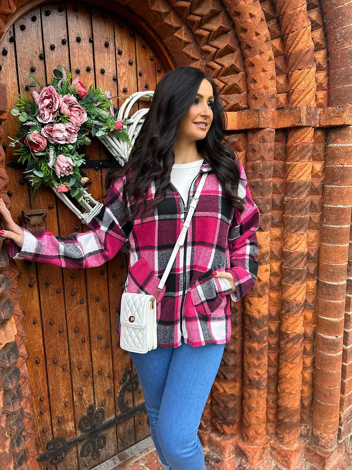 Lipstick Pink Checked Hooded Coat Adriana