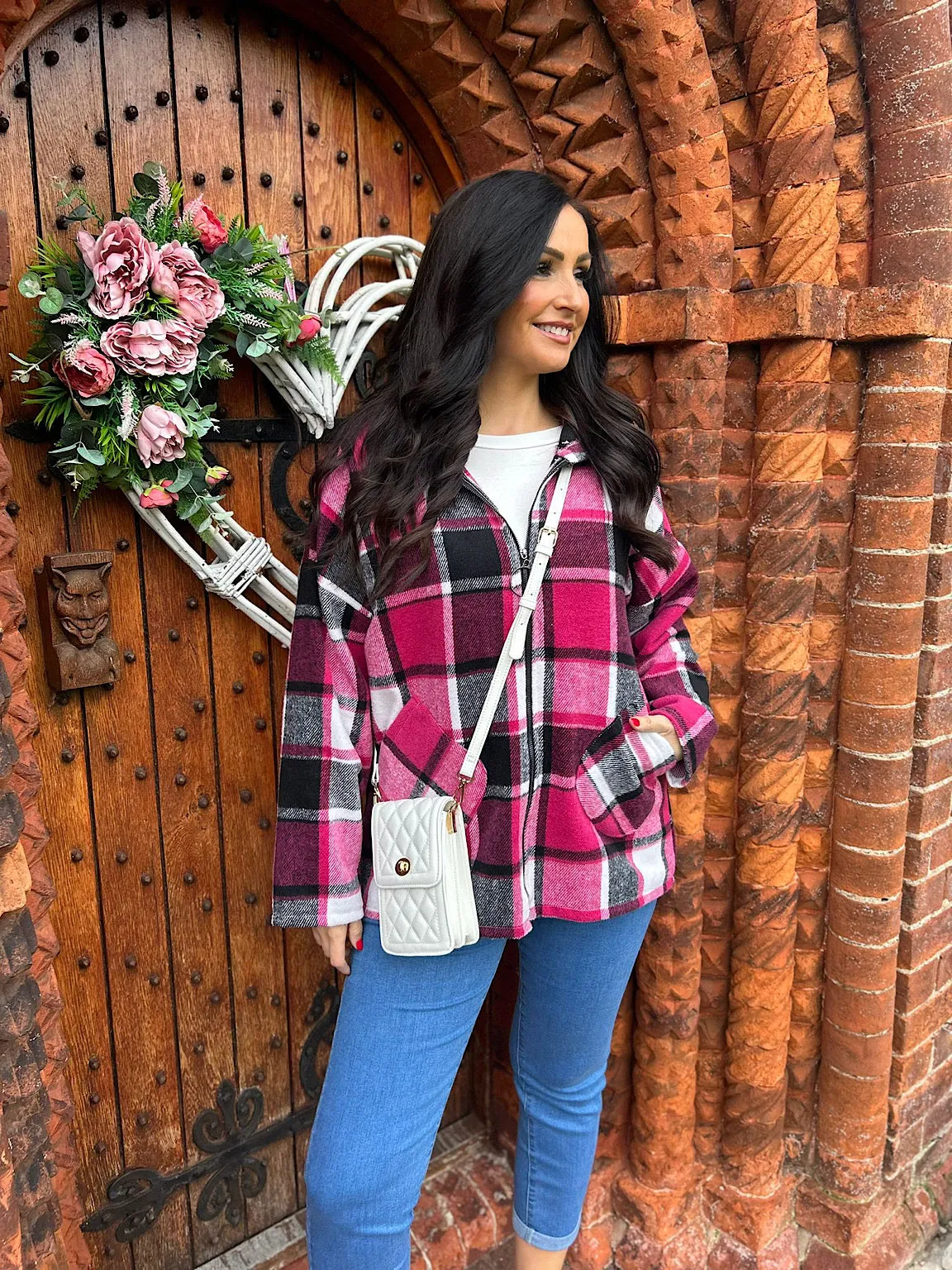 Lipstick Pink Checked Hooded Coat Adriana