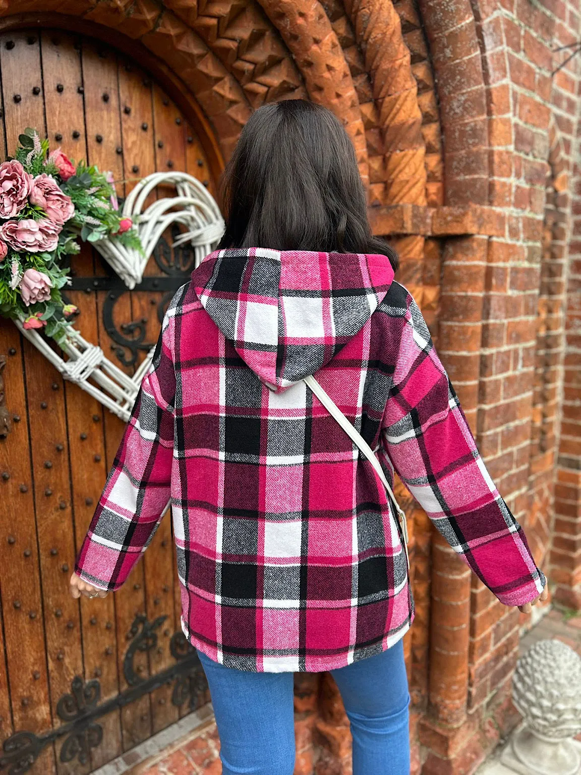 Lipstick Pink Checked Hooded Coat Adriana