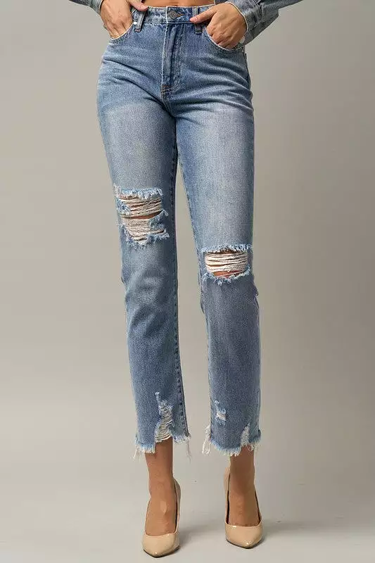 Maikin High Waist Distressed Fray Straight Jeans