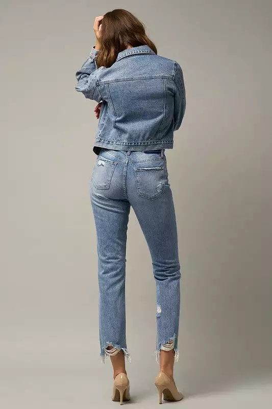 Maikin High Waist Distressed Fray Straight Jeans