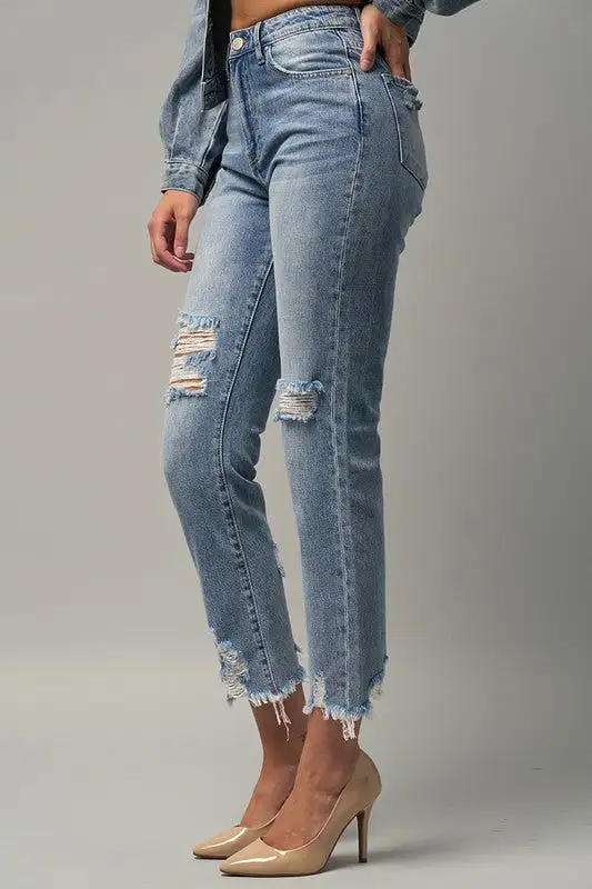 Maikin High Waist Distressed Fray Straight Jeans