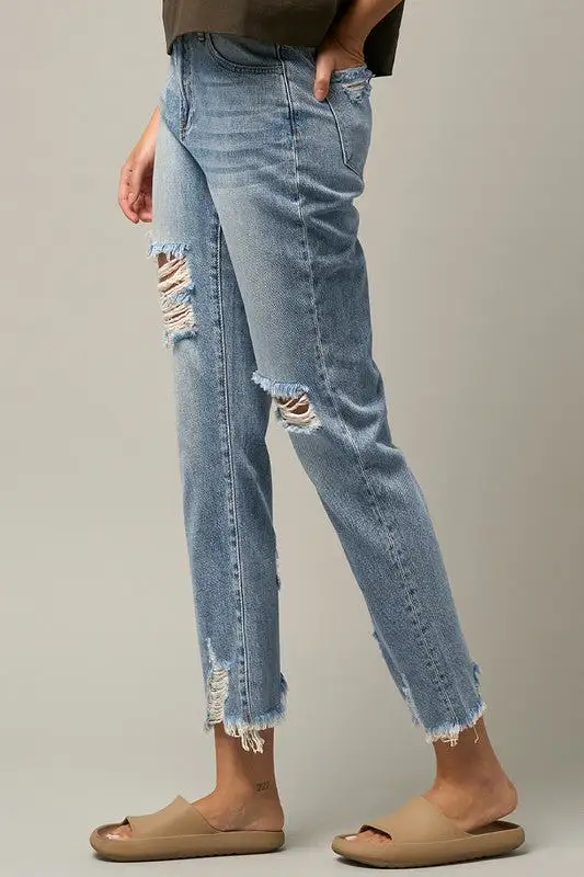 Maikin High Waist Distressed Fray Straight Jeans