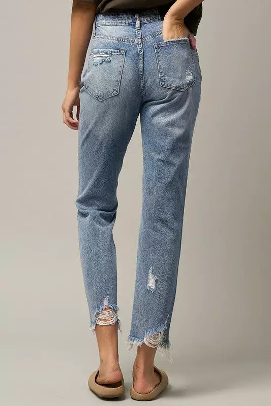 Maikin High Waist Distressed Fray Straight Jeans