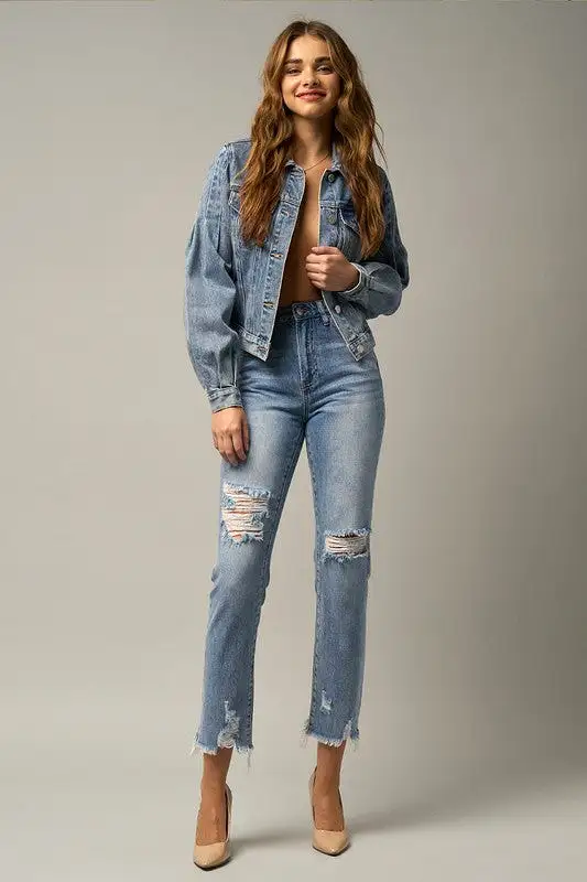 Maikin High Waist Distressed Fray Straight Jeans