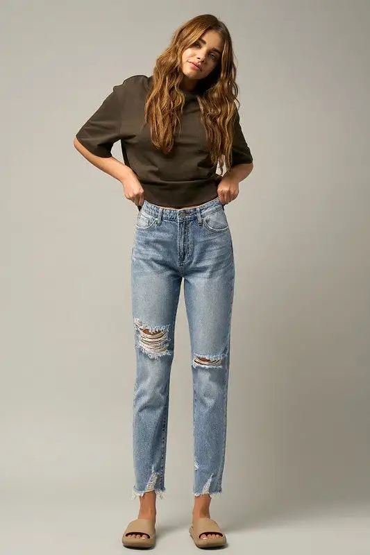 Maikin High Waist Distressed Fray Straight Jeans