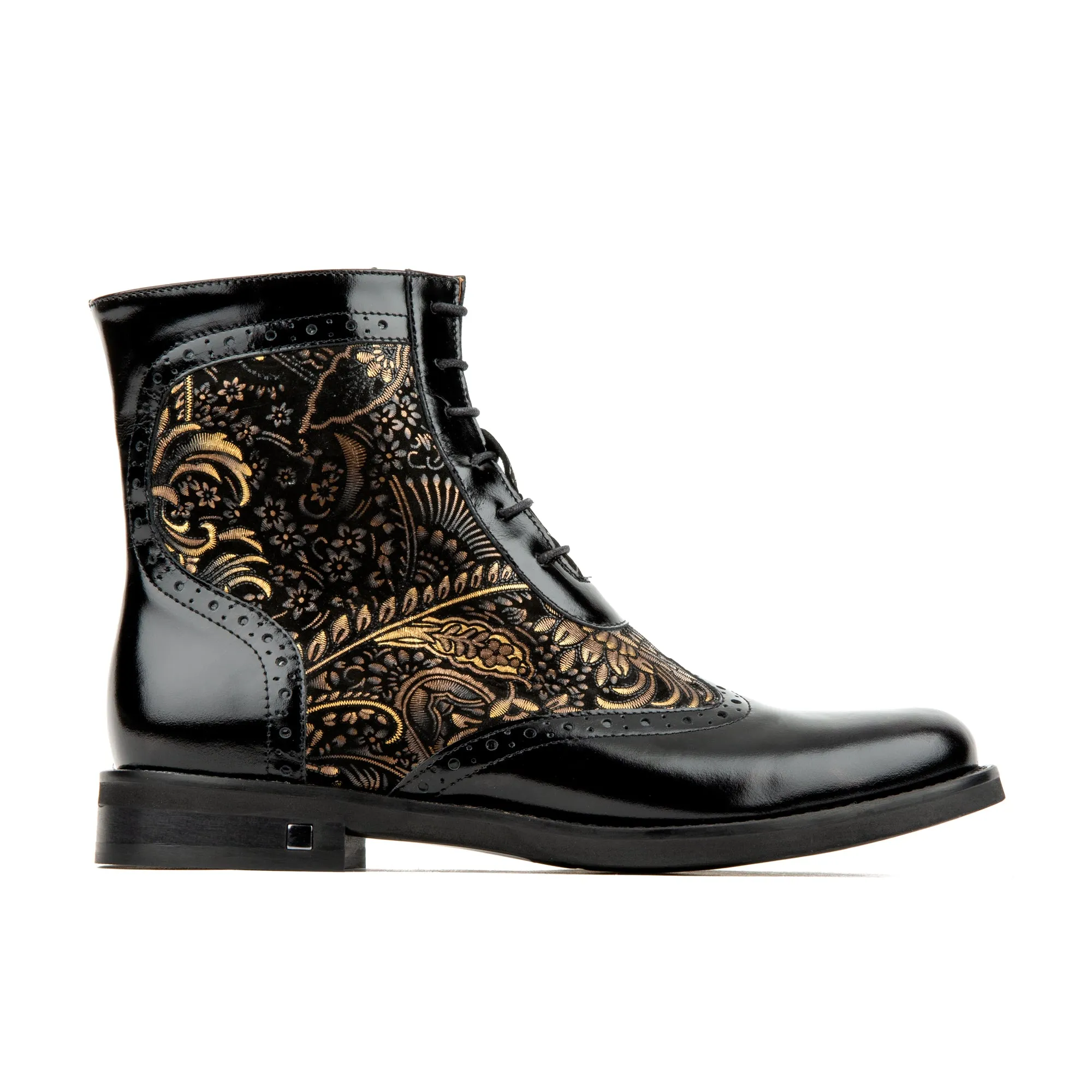 MANTIS BLACK GOLD - Women's higher ankle oxford boot with wingtip and broguing