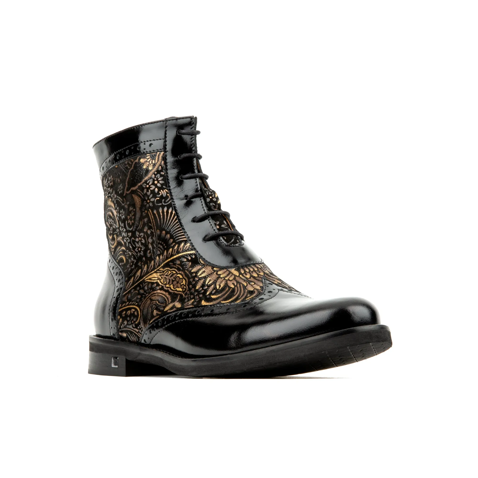 MANTIS BLACK GOLD - Women's higher ankle oxford boot with wingtip and broguing