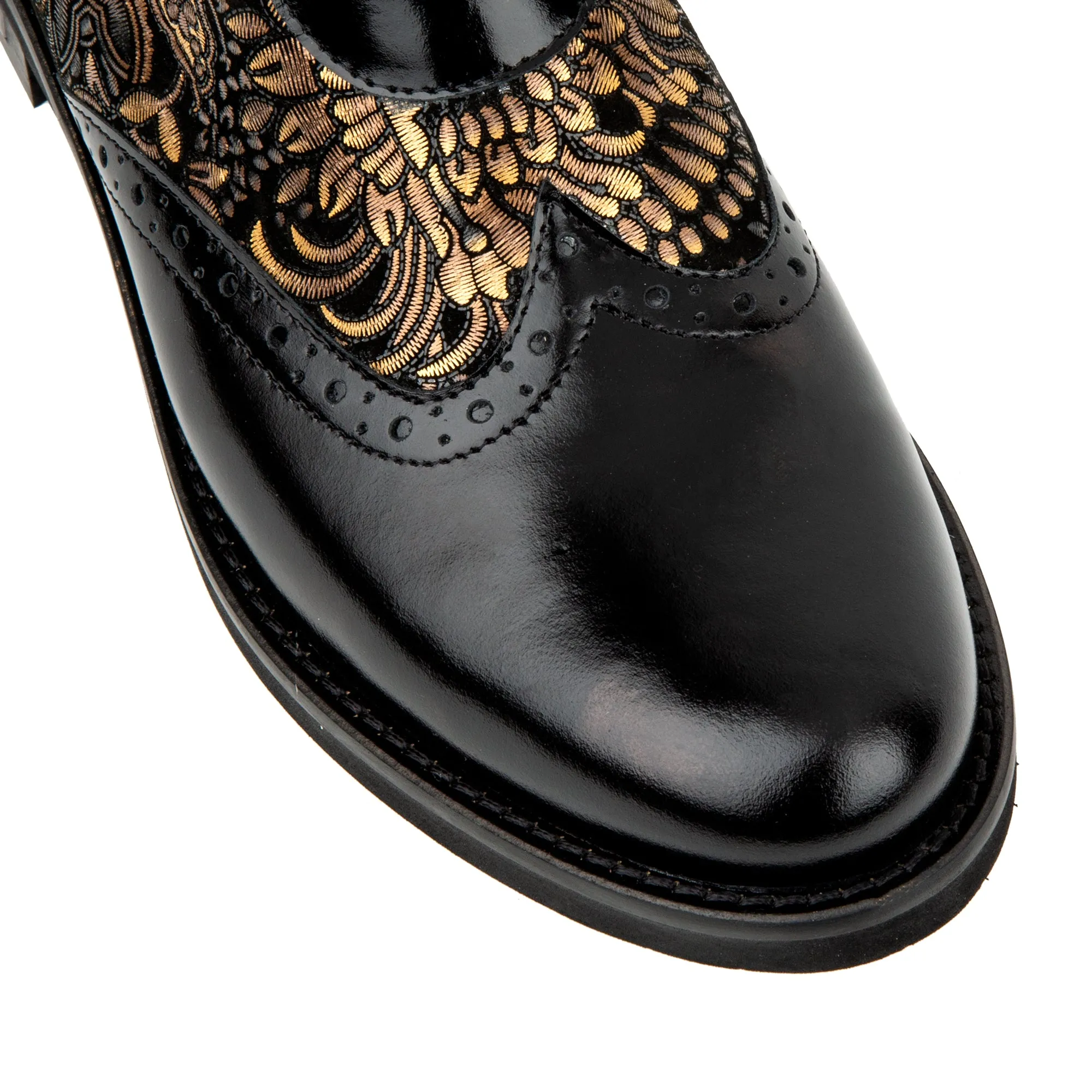 MANTIS BLACK GOLD - Women's higher ankle oxford boot with wingtip and broguing