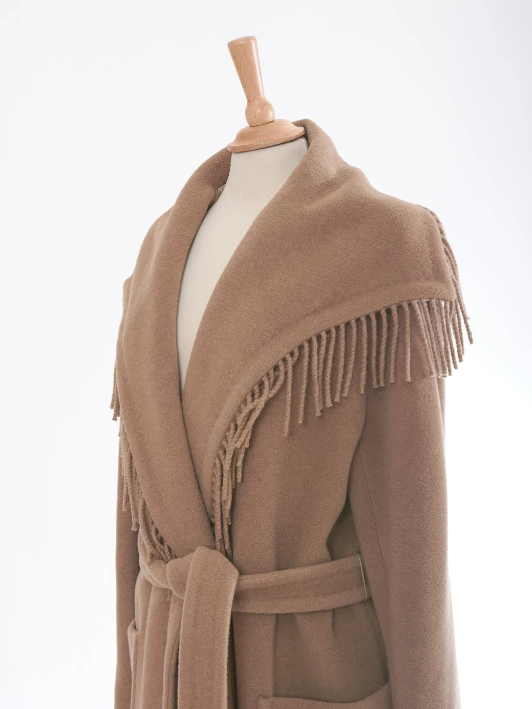 Max Mara camel-colored fringed coat